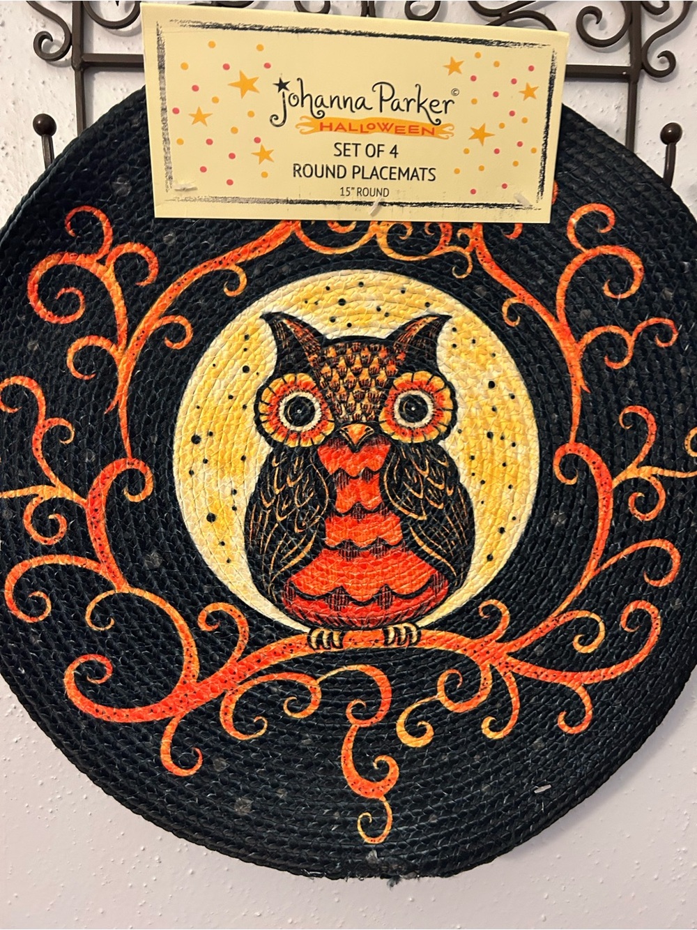 Joanna Parker Halloween Black and Orange Owl Round Placemat - Set of 4